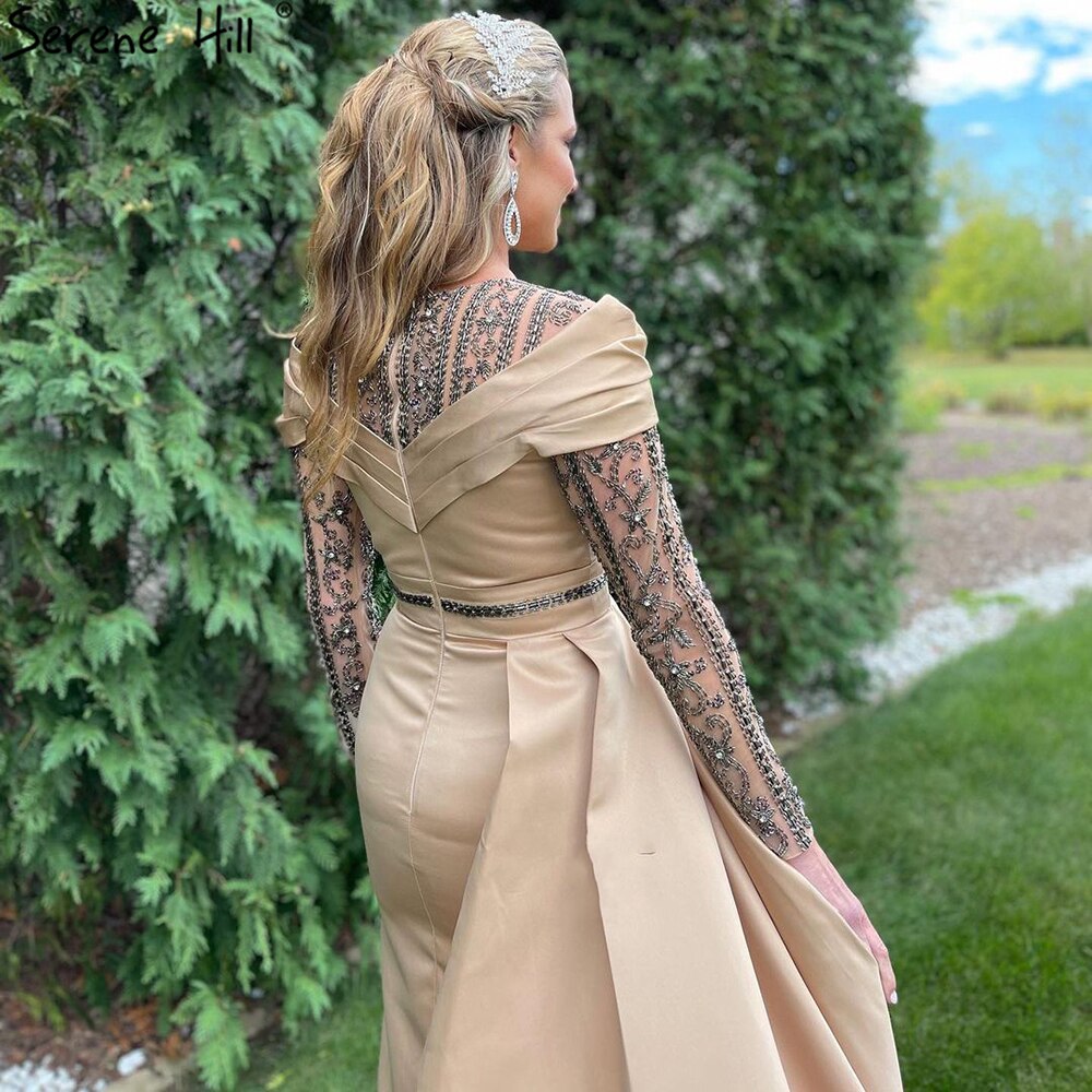 Vestido de noche musulmán dorado con sobrefalda de sirena, 2025, de satén con cuentas, elegante para mujer, fiesta LA71453 