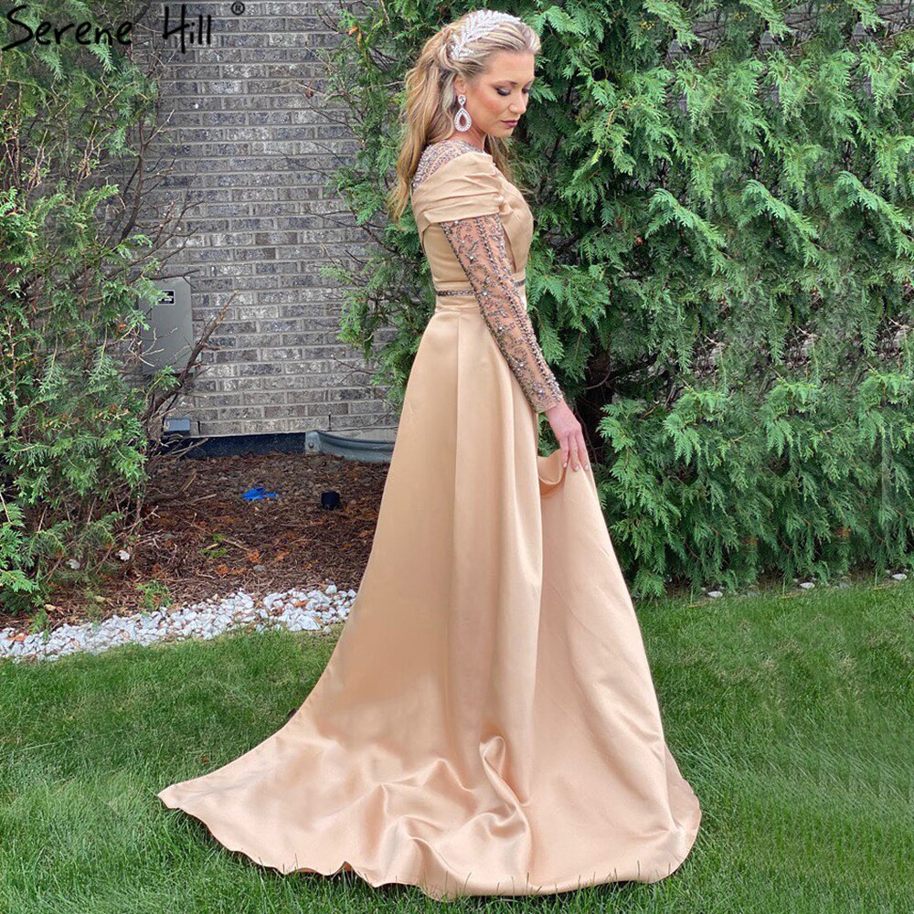 Vestido de noche musulmán dorado con sobrefalda de sirena, 2025, de satén con cuentas, elegante para mujer, fiesta LA71453 