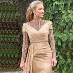 Vestido de noche musulmán dorado con sobrefalda de sirena, 2025, de satén con cuentas, elegante para mujer, fiesta LA71453 