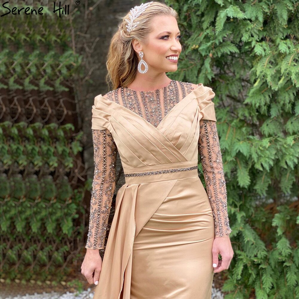 Vestido de noche musulmán dorado con sobrefalda de sirena, 2025, de satén con cuentas, elegante para mujer, fiesta LA71453 