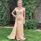 Vestido de noche musulmán dorado con sobrefalda de sirena, 2025, de satén con cuentas, elegante para mujer, fiesta LA71453 