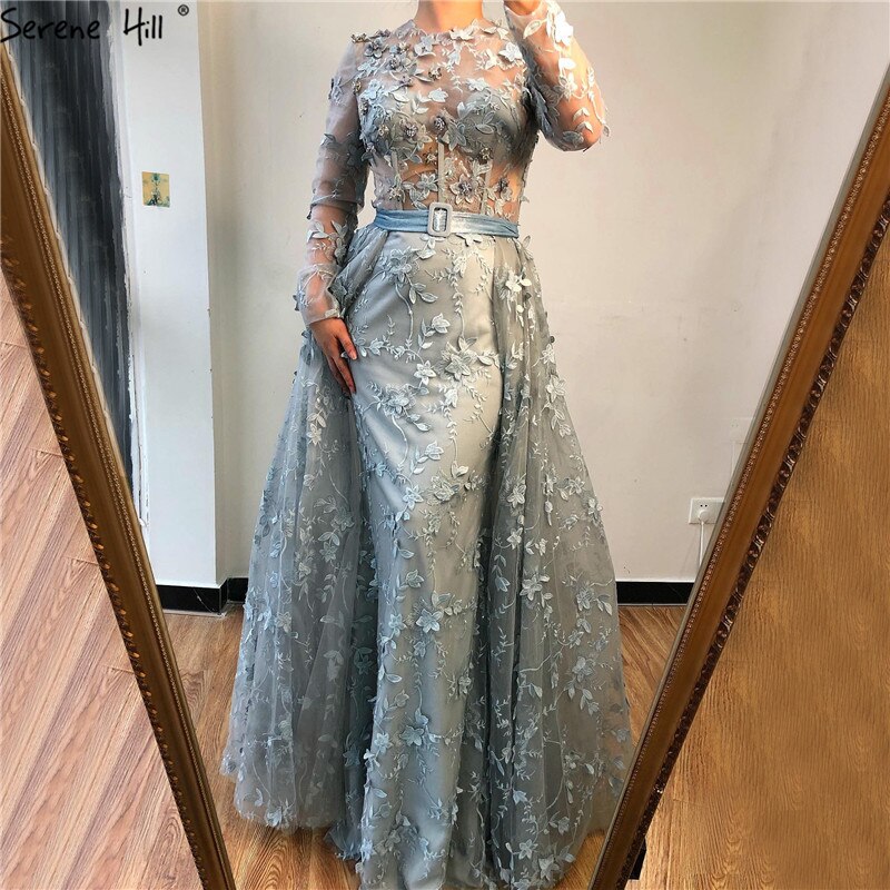 Vestidos de noche musulmanes grises de tul con mangas largas, cuello redondo, flores hechas a mano, perlas, moda LA60898