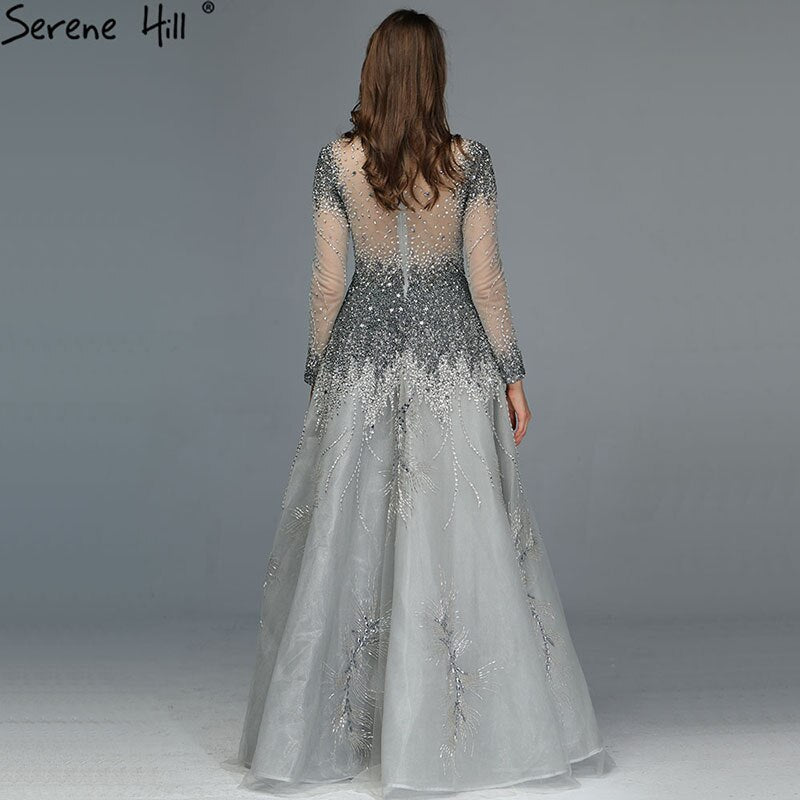Vestidos de noche musulmanes grises de lujo, de manga larga, diseño moderno 2025, vestido formal de cuello alto con cristales LA60975 