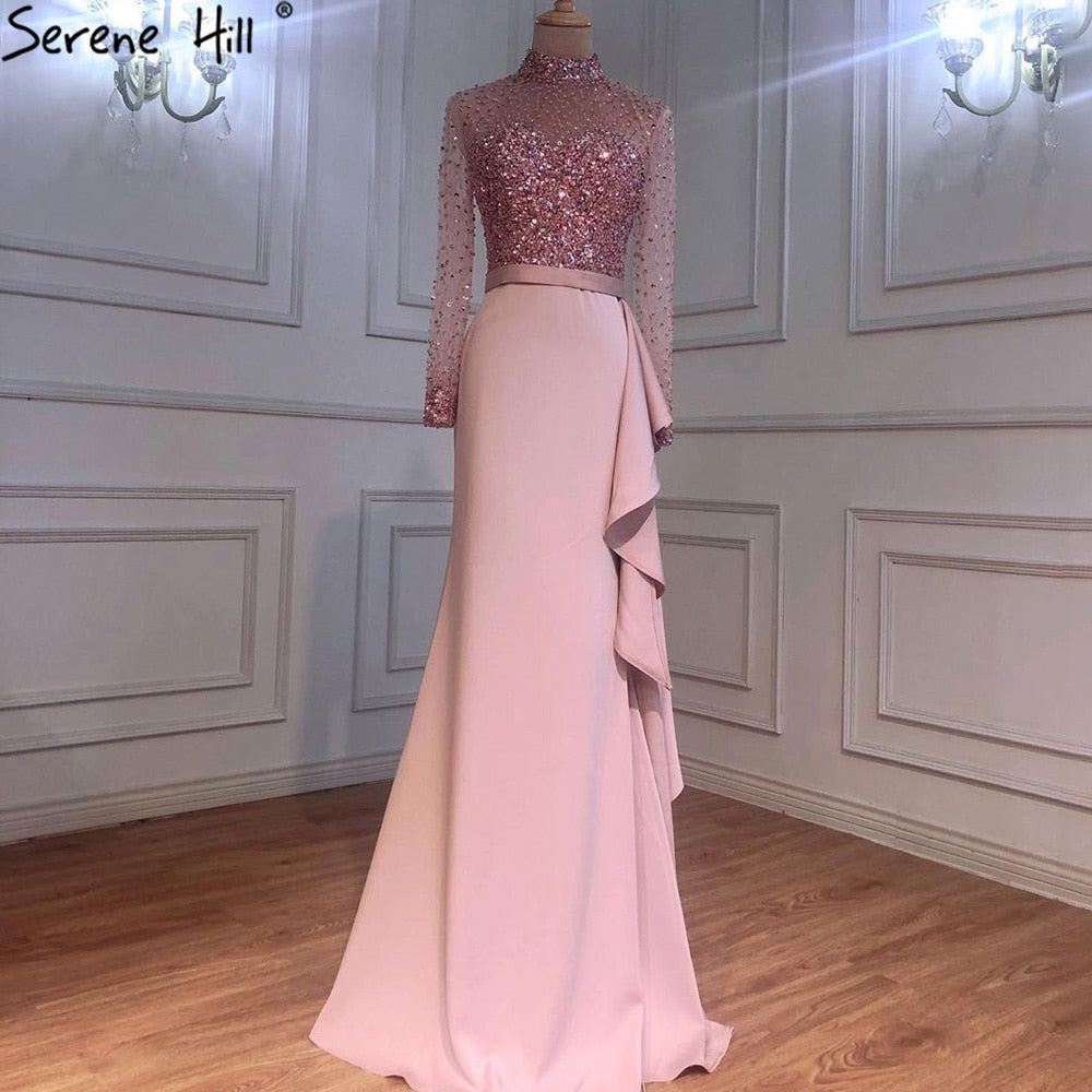 Vestido de noche musulmán de lujo azul de manga larga, cuello alto, lentejuelas y volantes, LA70035 