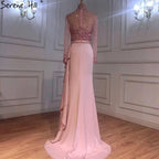 Vestido de noche musulmán de lujo azul de manga larga, cuello alto, lentejuelas y volantes, LA70035 