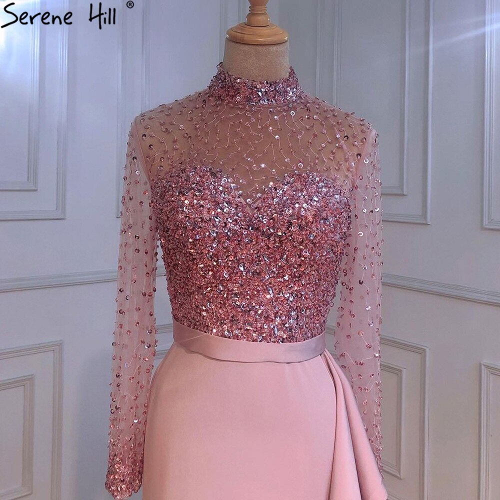 Vestido de noche musulmán de lujo azul de manga larga, cuello alto, lentejuelas y volantes, LA70035 