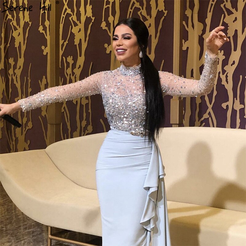 Vestido de noche musulmán de lujo azul de manga larga, cuello alto, lentejuelas y volantes, LA70035 