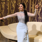 Vestido de noche musulmán de lujo azul de manga larga, cuello alto, lentejuelas y volantes, LA70035 