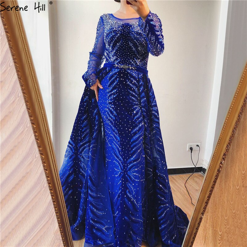 Vestidos de noche musulmanes de lujo azul marino 2025, vestido de sirena de manga larga con falda, vestido formal sexy LA60914 