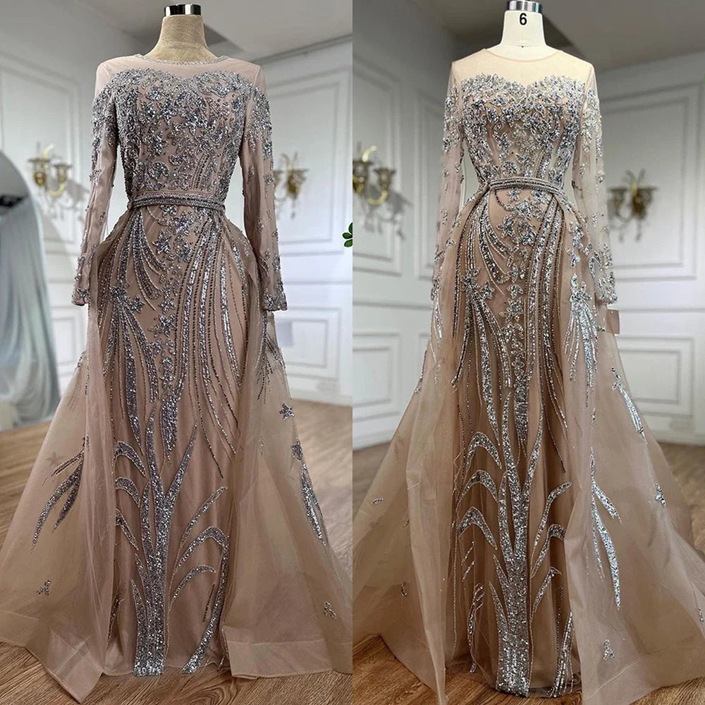 Vestidos de noche musulmanes estilo sirena con sobrefalda y cuentas, estilo Dubái, 2025, para bodas, LA71943