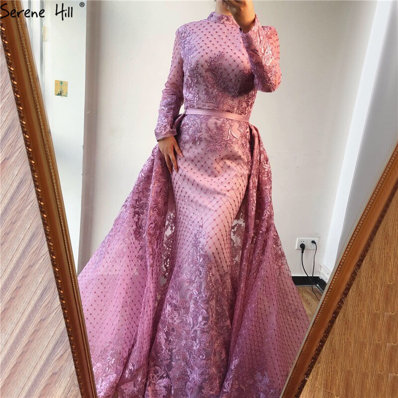 En oferta, sin devolución ni reembolso. Vestidos de noche musulmanes rosas de cuello alto, hechos a mano, con flores y mangas largas, estilo sirena, LA6542. 