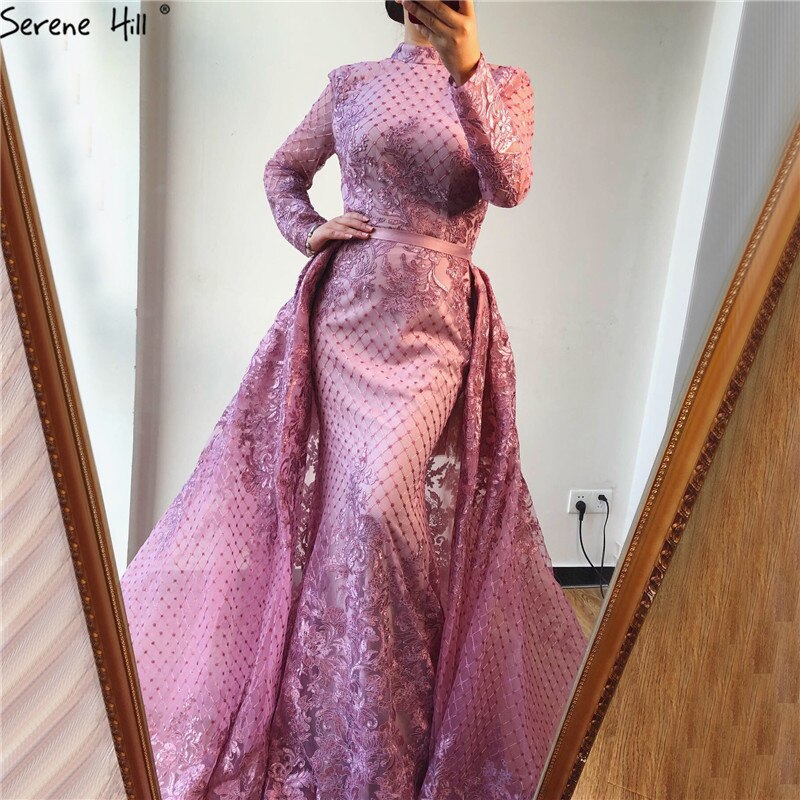 En oferta, sin devolución ni reembolso. Vestidos de noche musulmanes rosas de cuello alto, hechos a mano, con flores y mangas largas, estilo sirena, LA6542. 