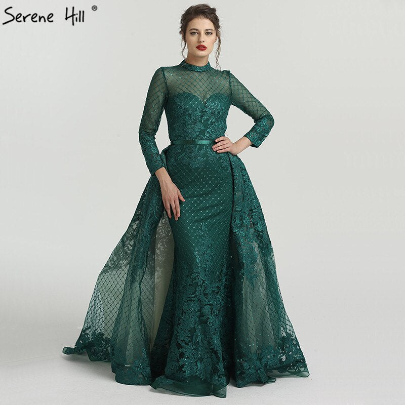 En oferta, sin devolución ni reembolso. Vestidos de noche musulmanes rosas de cuello alto, hechos a mano, con flores y mangas largas, estilo sirena, LA6542. 