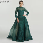 En oferta, sin devolución ni reembolso. Vestidos de noche musulmanes rosas de cuello alto, hechos a mano, con flores y mangas largas, estilo sirena, LA6542. 