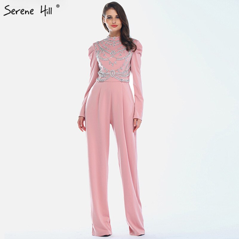 Im Angebot Keine Rückgabe Keine Rückerstattung Verkauf Muslim Rosa Lange Ärmel Abendkleider Hoher Kragen Diamant-Jumpsuit Abendkleid LA60910 