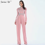 Im Angebot Keine Rückgabe Keine Rückerstattung Verkauf Muslim Rosa Lange Ärmel Abendkleider Hoher Kragen Diamant-Jumpsuit Abendkleid LA60910 