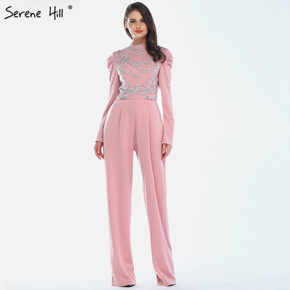 En oferta, sin devolución ni reembolso, venta, vestido de noche musulmán rosa de manga larga, cuello alto, mono de diamantes, vestido formal LA60910 