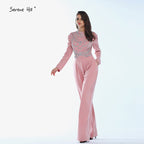 Im Angebot Keine Rückgabe Keine Rückerstattung Verkauf Muslim Rosa Lange Ärmel Abendkleider Hoher Kragen Diamant-Jumpsuit Abendkleid LA60910 