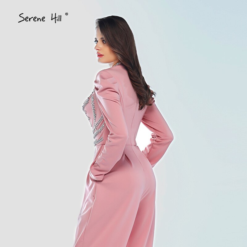 Im Angebot Keine Rückgabe Keine Rückerstattung Verkauf Muslim Rosa Lange Ärmel Abendkleider Hoher Kragen Diamant-Jumpsuit Abendkleid LA60910 