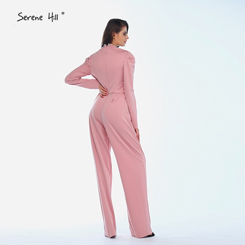 Im Angebot Keine Rückgabe Keine Rückerstattung Verkauf Muslim Rosa Lange Ärmel Abendkleider Hoher Kragen Diamant-Jumpsuit Abendkleid LA60910 