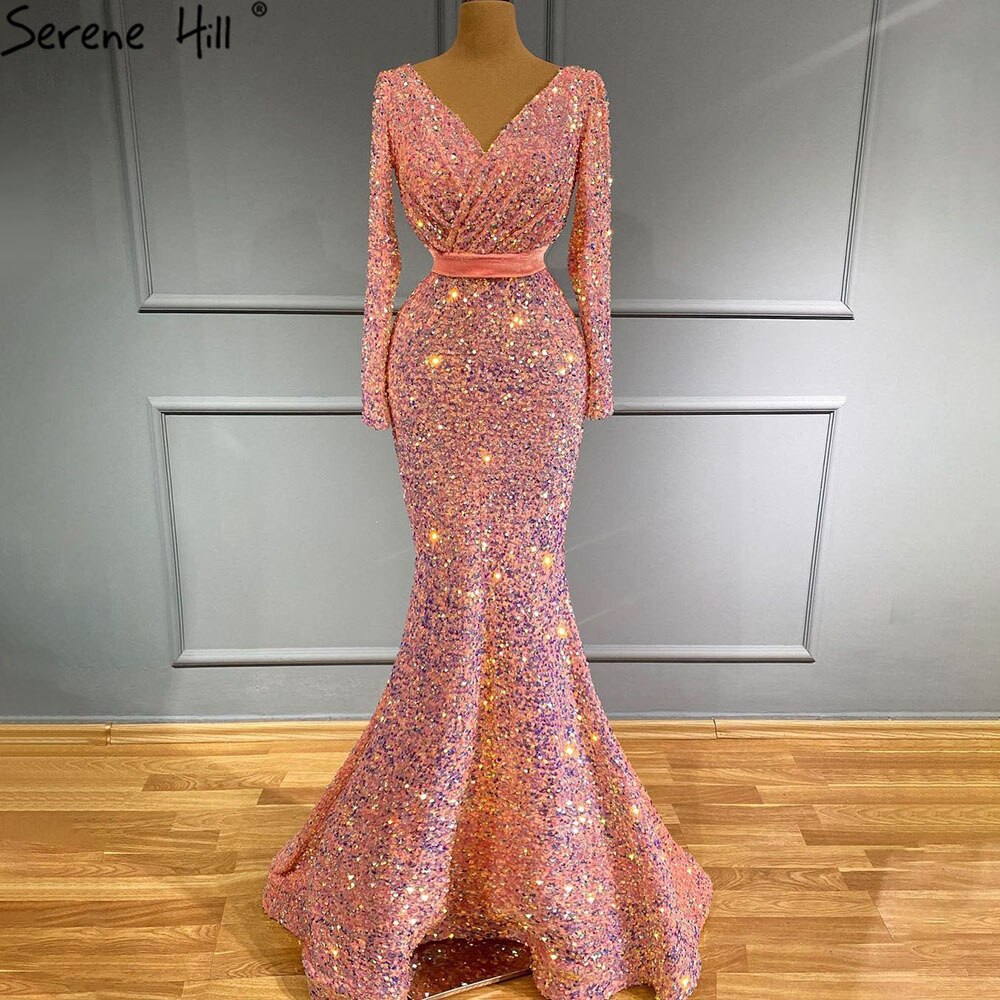 Vestidos de noche musulmanes de lujo con corte sirena rosa, elegantes y brillantes, para mujer, para fiesta, LA71342 