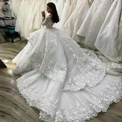 Muslim Wedding Dresses Women's Elegant A-line Arab Bridal Gowns Lace Applique Robe Luxury Princess Layered Group 2023 De Mariée-payinti