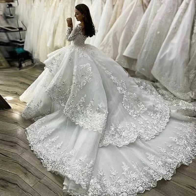 Muslim Wedding Dresses Women's Elegant A-line Arab Bridal Gowns Lace Applique Robe Luxury Princess Layered Group 2023 De Mariée-payinti
