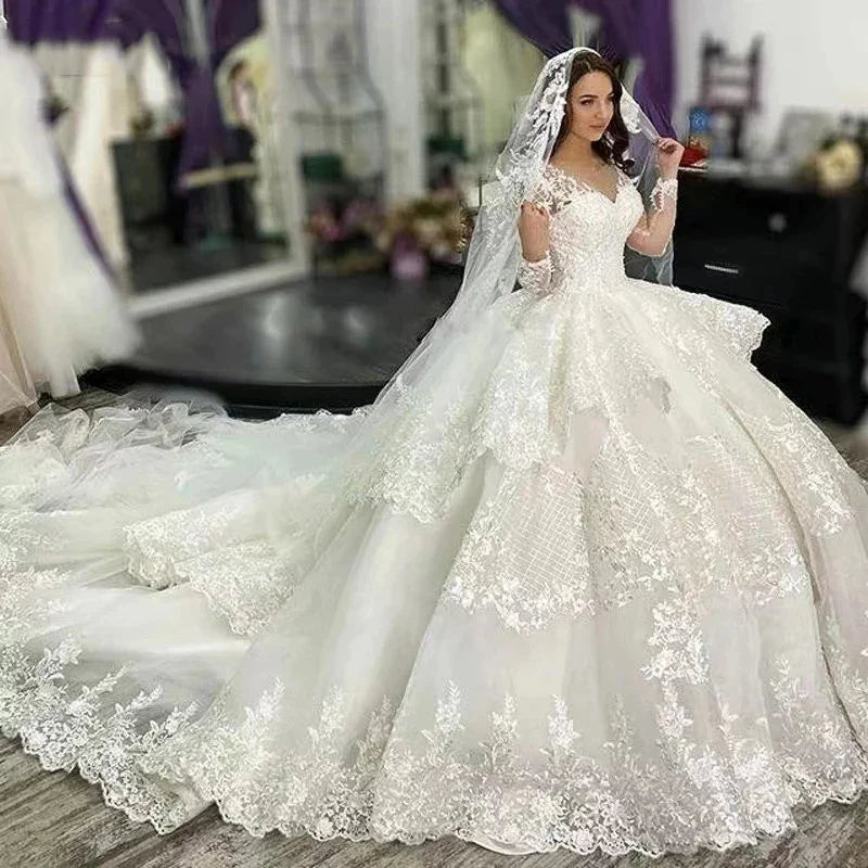 Muslim Wedding Dresses Women's Elegant A-line Arab Bridal Gowns Lace Applique Robe Luxury Princess Layered Group 2023 De Mariée-payinti