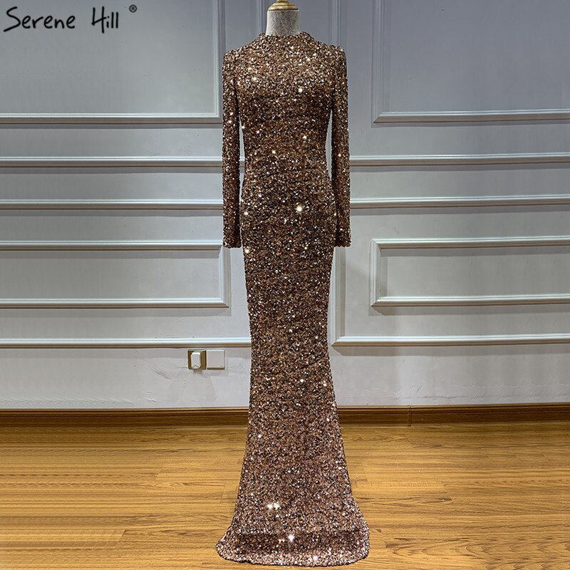 Muslimischen Rose Gold High Neck Luxus Abendkleider 2025 Neueste Design 3D Pailletten Langen Ärmeln Abendkleider LA60851