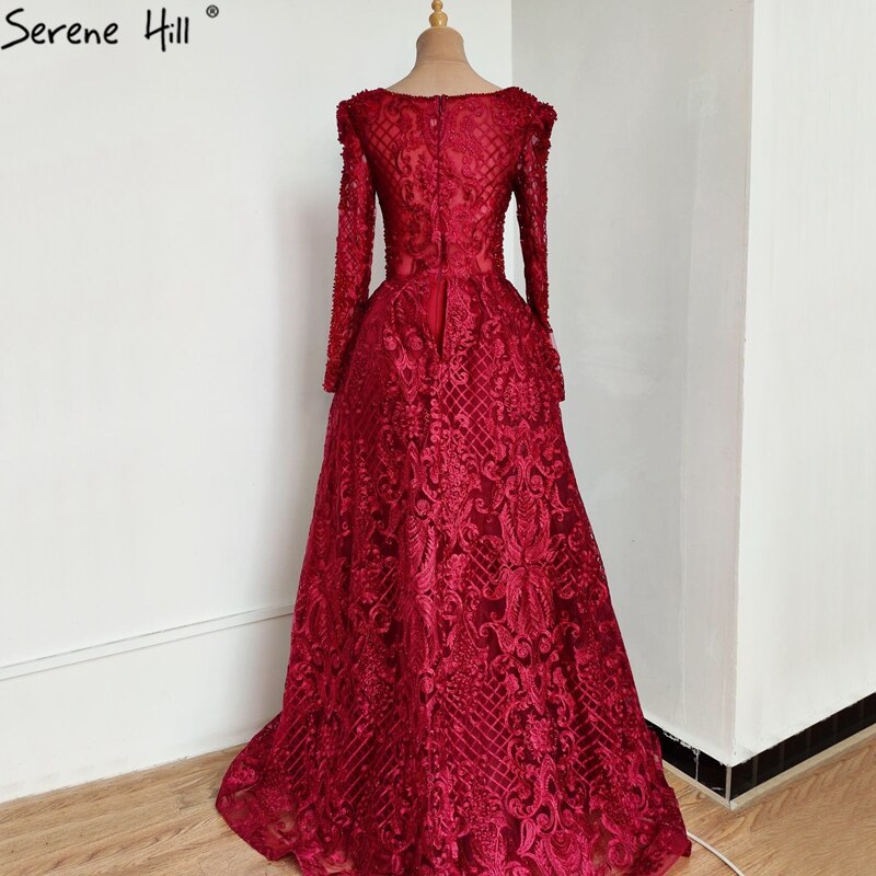 Muslimischen Wein Rot Lange Puff Ärmeln Mit Zug Abendkleider Meerjungfrau Kleider 2025 Formale Kleid Für frau Ruhigen Hill LA70406