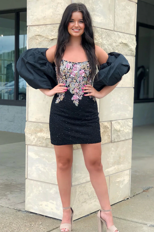Schwarzes trägerloses Homecoming-Kleid mit Perlenapplikationen und abnehmbaren Ärmeln Y2823