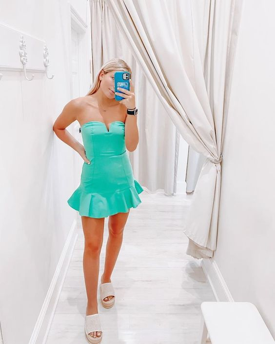 Vestido de fiesta verde menta sin tirantes, vestido de graduación Y2071