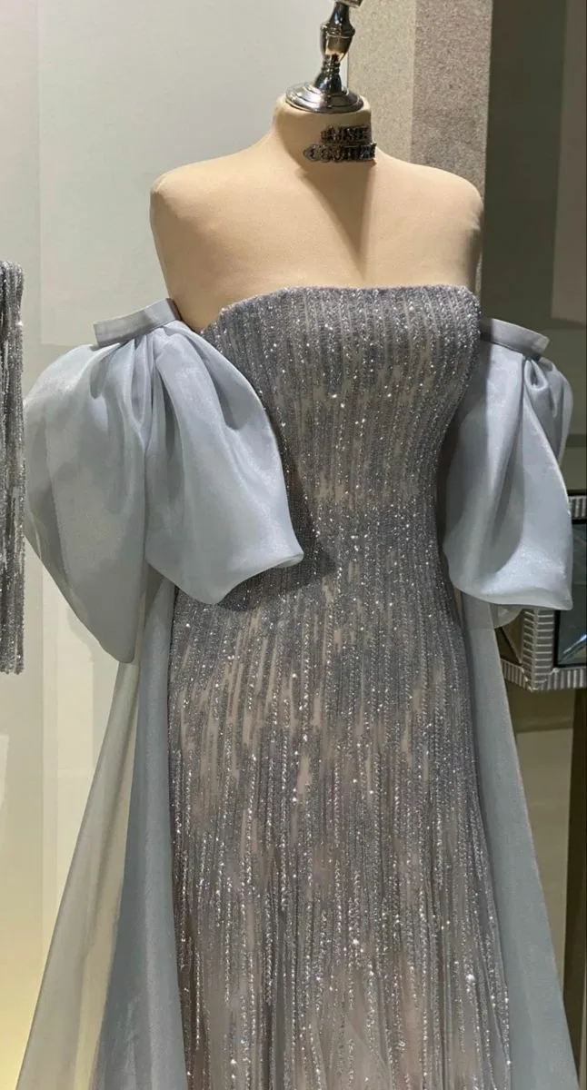 Vestido de fiesta de tul azul polvoriento sin tirantes hasta el suelo para ocasiones especiales Y4910