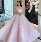 Neue Ankunft Rosa Träger Pailletten Perlen Lange Ballkleid Formale Anlass Kleider Y4918