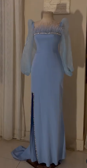 Vintage Quadratischer Ausschnitt Lange Ärmel Abendkleid Mode Abendkleid Y5014
