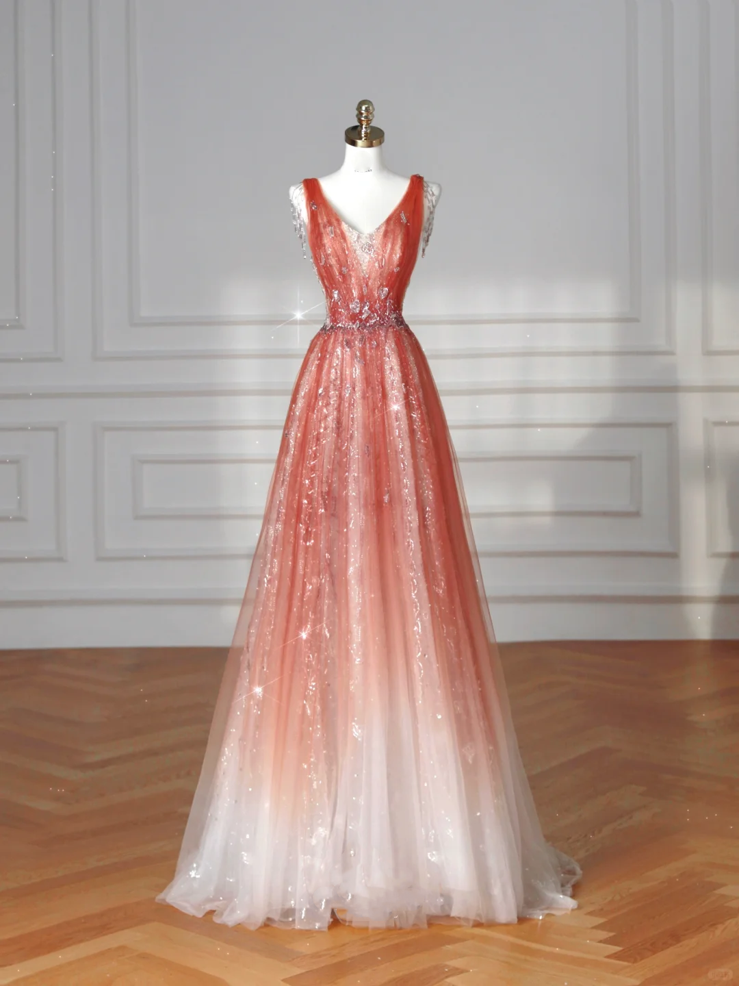 Elegante vestido de fiesta de tul con lentejuelas y escote en V, color rosa fresa, corte A, vestido de noche largo Y8614