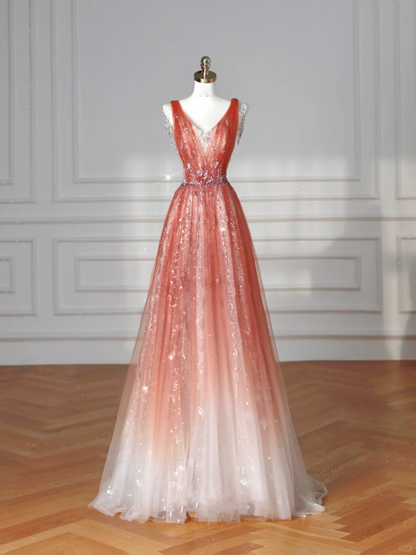 Elegante vestido de fiesta de tul con lentejuelas y escote en V, color rosa fresa, corte A, vestido de noche largo Y8614