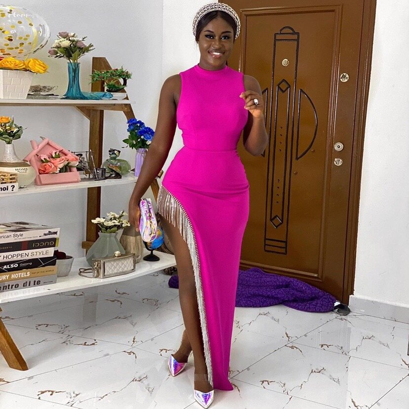 Vestido de noche largo y elegante con flecos y aberturas brillantes para mujer Y407