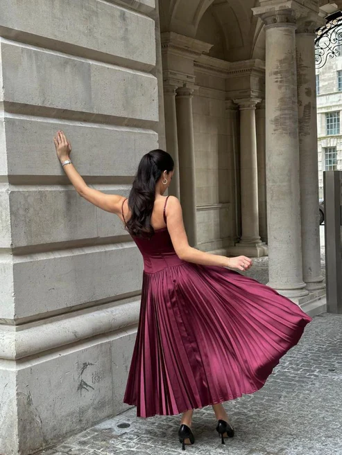 Vintage A-Linie Träger Burgund Satin Langes Ballkleid Abendkleid Y7994