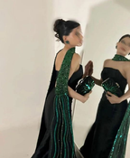 Fashion Black Satin Strapless Evening Dress Formal Party Gown Y8174