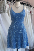 Blaues Mini-Homecoming-Kleid mit Pailletten und Schnürung Y3007