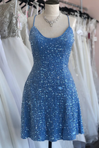 Blaues Mini-Homecoming-Kleid mit Pailletten und Schnürung Y3007