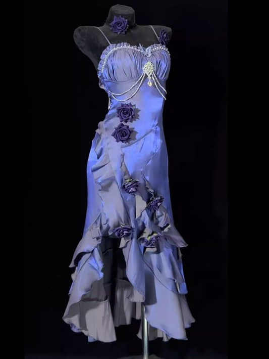 Unique Purple Mermaid 3D Flowers Evening Dress Spaghetti Straps Prom Dress Y8347