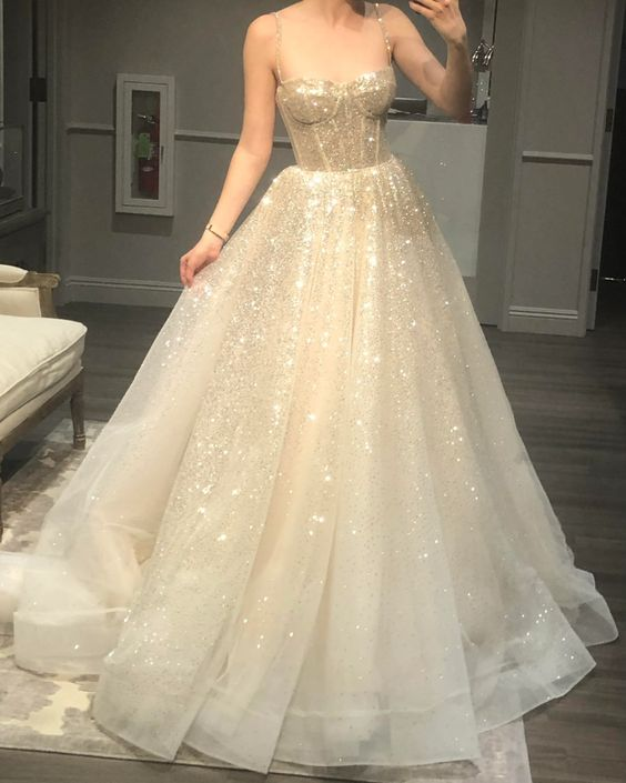 Damen Spaghettiträger Glitzerndes Bohemian Brautkleid Y5872