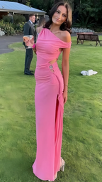Einzigartiges rosa schulterfreies Chiffon-Bodycon-langes Partykleid mit Schlitz, Abschlussball- und Abendkleid Y8024