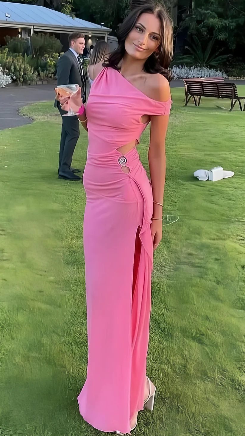 Einzigartiges rosa schulterfreies Chiffon-Bodycon-langes Partykleid mit Schlitz, Abschlussball- und Abendkleid Y8024