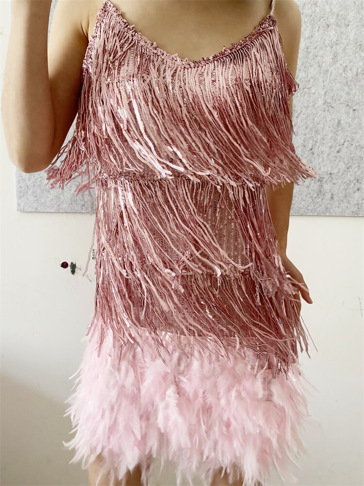 Vestido sexy de plumas con borlas brillantes para mujer, vestido de baile rosa con flecos y lentejuelas, vestido formal de verano, vestido rosa para regreso a casa, Y2470