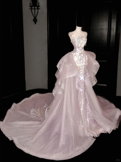 Glamoroso vestido de fiesta de sirena con cuentas de tul lavanda, vestido de noche formal Y8669
