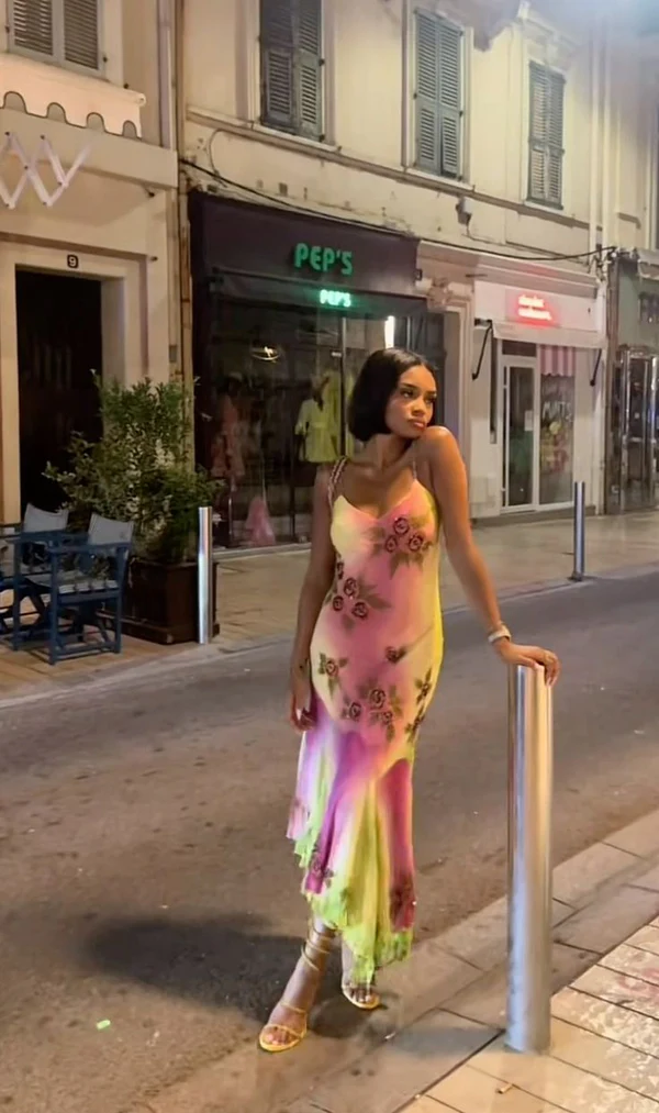 Pink Green Gradient Beaded Spaghetti Strap Chiffon Long Ruffled Evening Dress Party Prom Dress  Y8495