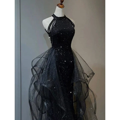 Abendkleid mit hohem Ausschnitt, schwarzem Neckholder, glänzendem Tüll und Pailletten, schwarzes Tüll-Ballkleid Y1864